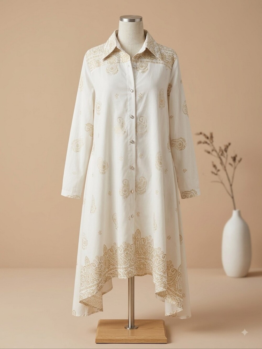 Step In Style Cream Paisley Print Button-Front Shirt Dress, Size Large